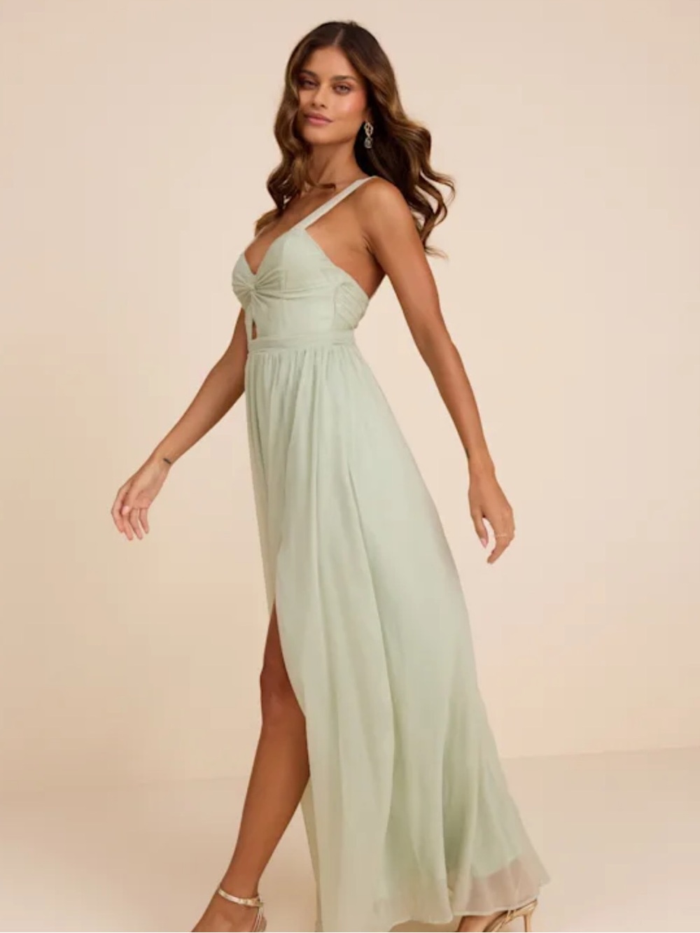 Lulus Aria Sage Green Crinkle Twist-front Maxi Dress - Size XS - Picture 2 of 5